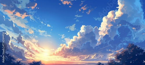 Anime-style digital painting showcasing a vast sky filled with clouds at sunset, painted in tranquil blues, oranges, and pinks, creating a serene, glowing landscape.