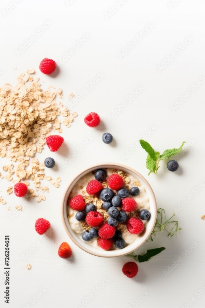 Homemade granola or oatmeal muesli with nuts, dried fruits and fresh berries. Healty diet breakfast, vegeterian food concept Homemade granola or oatmeal muesli with nuts, dried fruits and fresh berries. Healty diet breakfast, vegeterian food concept