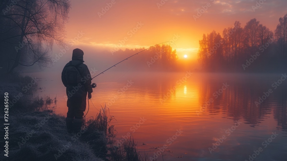 Fisherman with rod, spinning reel on the river bank. Sunrise. Fishing for pike, perch, carp. Fog against the backdrop of lake. background Fisherman with rod, spinning reel on the river bank. Sunrise. Fishing for pike, perch, carp. Fog against the backdrop of lake. background