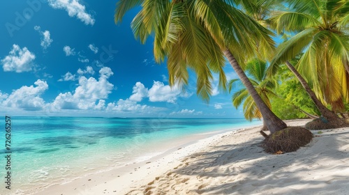 Tropical beach idyll panorama, palm trees in banner photo