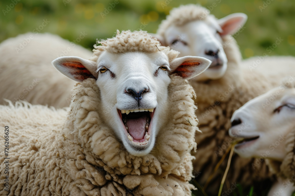 close view of laughing funny happy sheeps