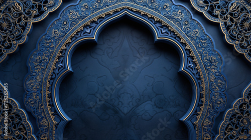 Beautiful Islamic wallpaper background, arabic arch frame in blue & emerald scheme, for ramadan, eid greetings photo