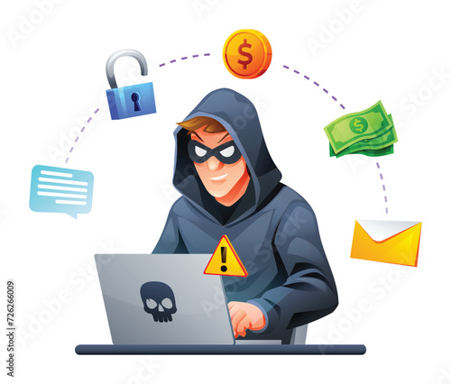Hacker with laptop stealing information and confidential data. Cyber attack and security concept. Vector cartoon illustration