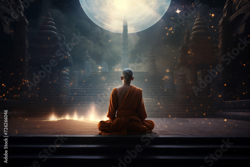 Transcendent Meditation: Monk Channeling Cosmic Energy in Ancient Temple