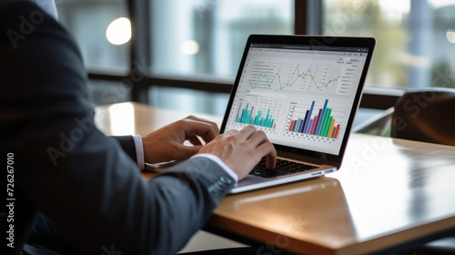 Cropped photo of businessman analyzing business diagram, marketing statistics and finance market graphs on laptop monitor in the office.