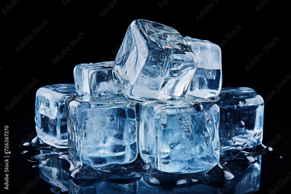 Melted ice cubes are on a dark background. Generated by artificial intelligence Melted ice cubes are on a dark background. Generated by artificial intelligence