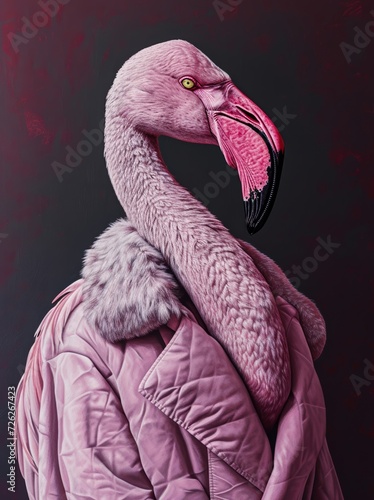 A fashionable pink flamingo struts along the water's edge, donning a sleek coat that turns heads and exudes confidence photo