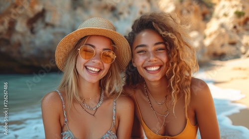 Happy woman laughing with friend sitting at beach