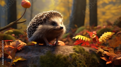 Hedgehog in Forest with Colorful Autumn Leaves - Whimsical Woodland Scene