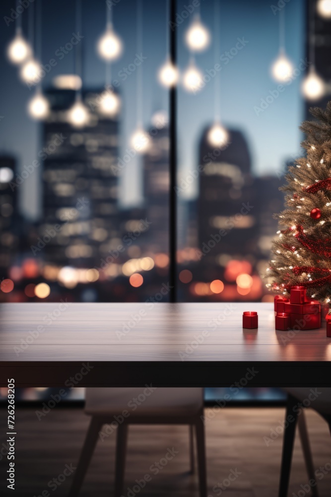 Lit Christmas Tree Illuminating a Table in Front of a Window Lit Christmas Tree Illuminating a Table in Front of a Window