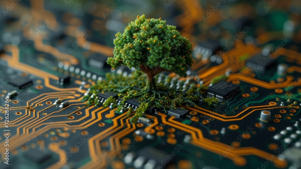 Tree growing on a computer circuit board, green computing, computer security, and IT ethics.