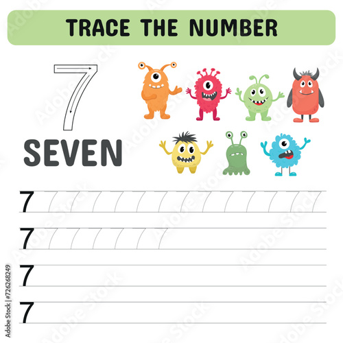 Trace the number. Tracing number with monsters. Educational children game, printable worksheet, vector illustration