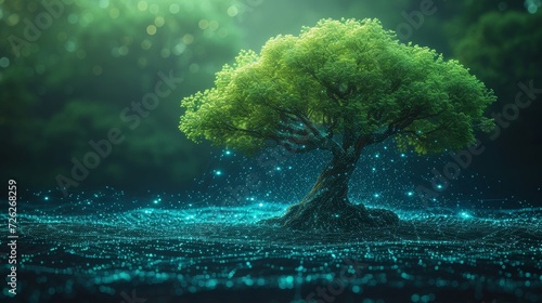 Green computing, green technology, green IT, change management, and IT ethics concepts. Tree growing on a Circuit Digital Cube. Digital and Technology Convergence. Blue light and wireframe network