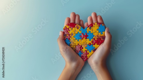 An adult and child holding puzzle hearts on a light blue background. World autism awareness day concept. #726268428