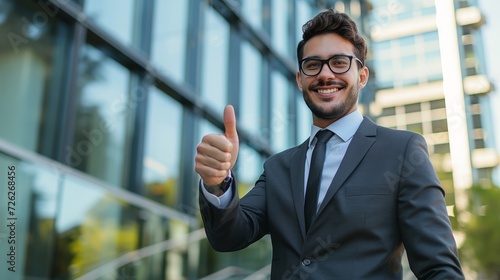 Young business leader with thumbs up, office exterior