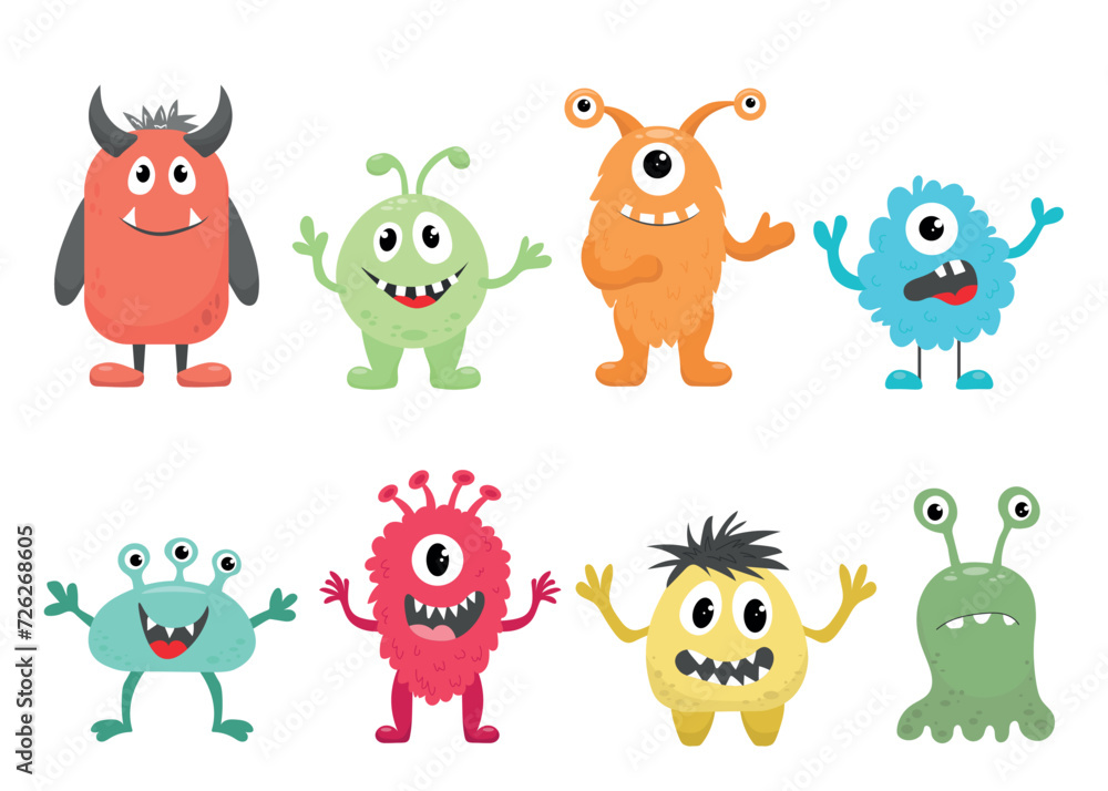 Set of cute colored monsters isolated on white background. Character design for kids. Vector illustration. Set of cute colored monsters isolated on white background. Character design for kids. Vector illustration.