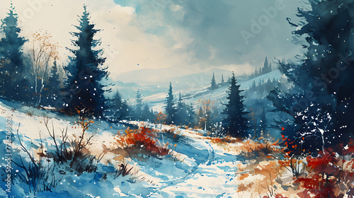 Colorful Watercolor Winter Mountain Landscape. Created with Generative AI
