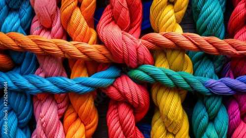 The image created is a vivid portrayal of a colorful rope and yarn background, showcasing an intricate array of textures and patterns in knitting and sewing It's a close-up view that highlights the cr