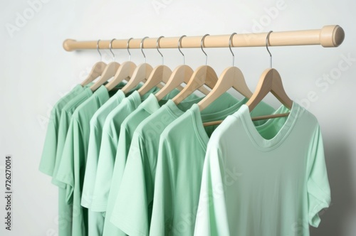 Light green shirts hanging on rack. Casual pastel verdant cotton clothes on hangers. Generate ai © nsit0108