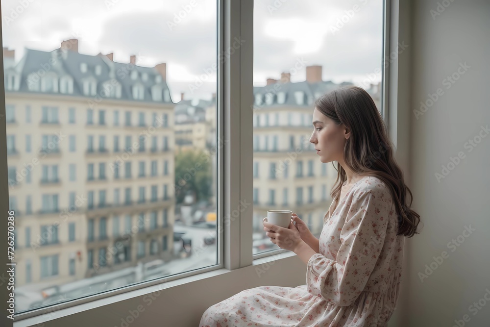 Fototapeta premium Young Woman Finds Solace by the Window, Savoring Coffee on a Cold Day