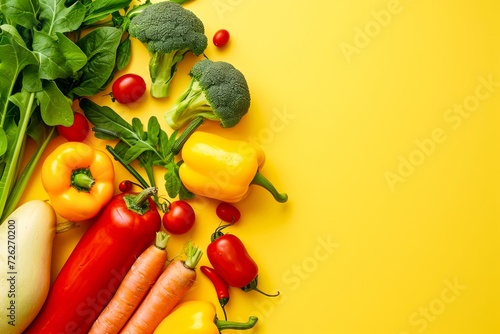 A vibrant array of fresh, locally-sourced produce bursting with vegan nutrition and superfood potential, featuring bell peppers, cherry tomatoes, and root vegetables, set against a sunny yellow backg photo