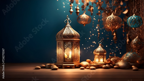 illustration of eid Mubarak night with light of a lamp, paper style, luxury happy Eid background, photo