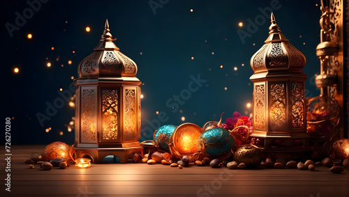 illustration of eid Mubarak night with light of a lamp, paper style, luxury happy Eid background,