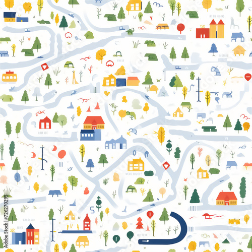 Seamless pattern : A Colorful Cartographic Whimsical Town Map
