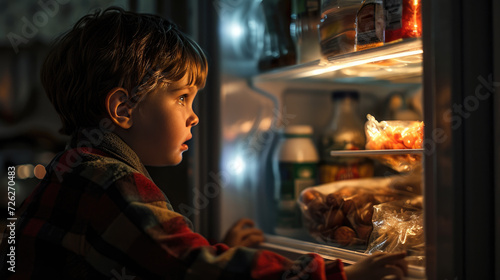A hungry child looks into the refrigerator at night.