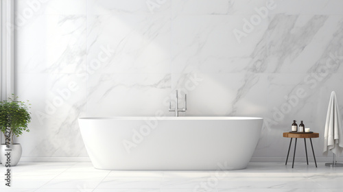 White marble style wall tiles in elegant bathroom