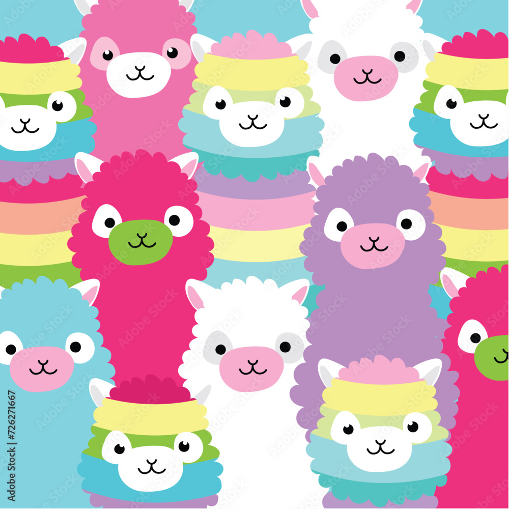 Alpaca family portrait. Cute, funny baby animal faces, portraits. Illustration for printing on fabric, postcard, wrapping paper, book, picture, wall. Cutie crowd, happy pandemonium of animals in zoo Alpaca family portrait. Cute, funny baby animal faces, portraits. Illustration for printing on fabric, postcard, wrapping paper, book, picture, wall. Cutie crowd, happy pandemonium of animals in zoo