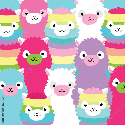 Alpaca family portrait. Cute, funny baby animal faces, portraits. Illustration for printing on fabric, postcard, wrapping paper, book, picture, wall. Cutie crowd, happy pandemonium of animals in zoo
