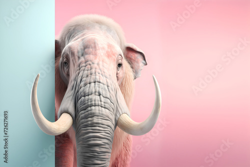 Creative animal concept. Mammoth elephant peeking over pastel bright background. advertisement  banner  card. copy text space. birthday party invite invitation