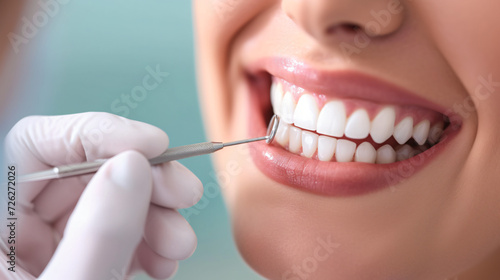 Young woman choosing color of teeth at dentist