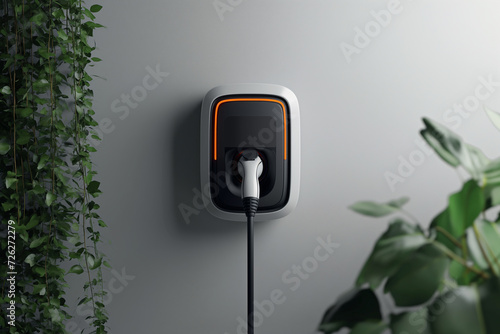 Home electric chargepoint and connector for electric car on gray wall with green plants.