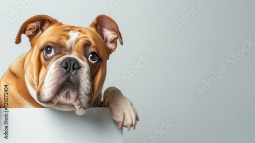 Cute English bulldog curious, and looking out, on blank background