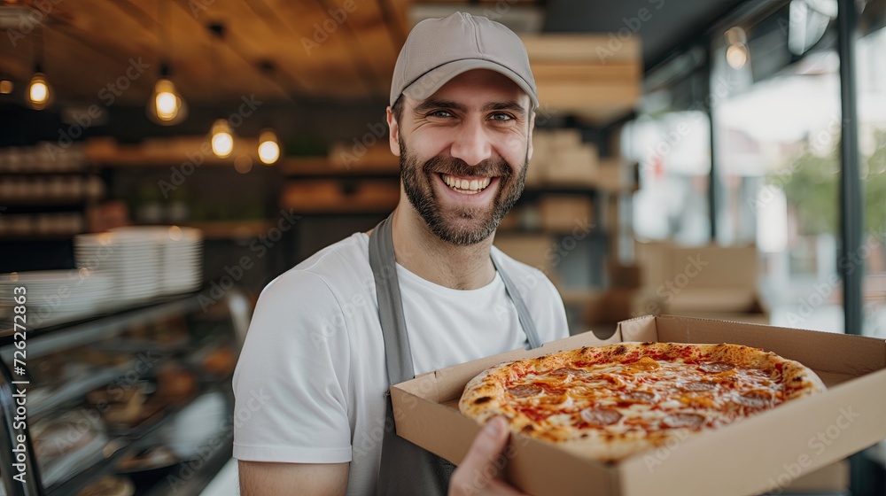 Joyful pizza delivery man holding pizza in hands