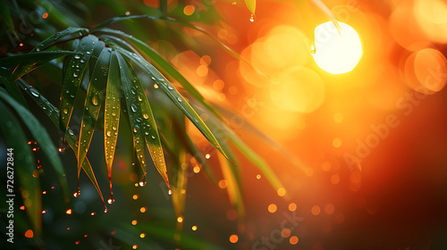 Bamboo background close up. The rising sun after the rain.