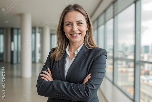 portrait of successful young businesswoman smiling inside modern office building