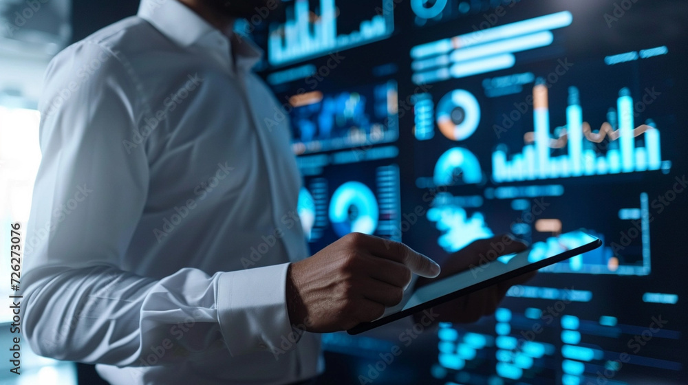 businessman standing and using tablet on full screen performance charts businessman standing and using tablet on full screen performance charts