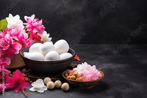Bowl of Chinese tangyuan on black background, happy Chinese New Year
