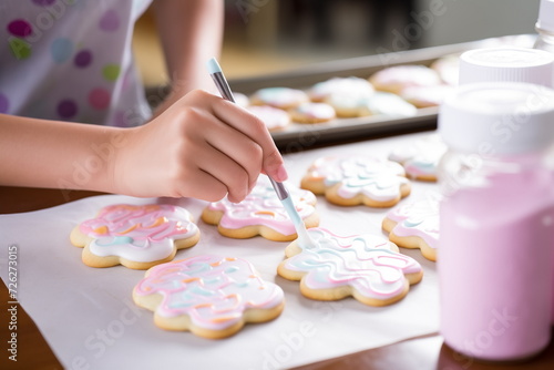 Close up view of decorating festive cookies in pastel colors with sugar icing