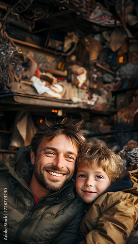 Heart-warm picture of father and son smiling happily. There is a copy space for entering text suitable for presenting warm family topics. The love between father and son is the strongest relationship.