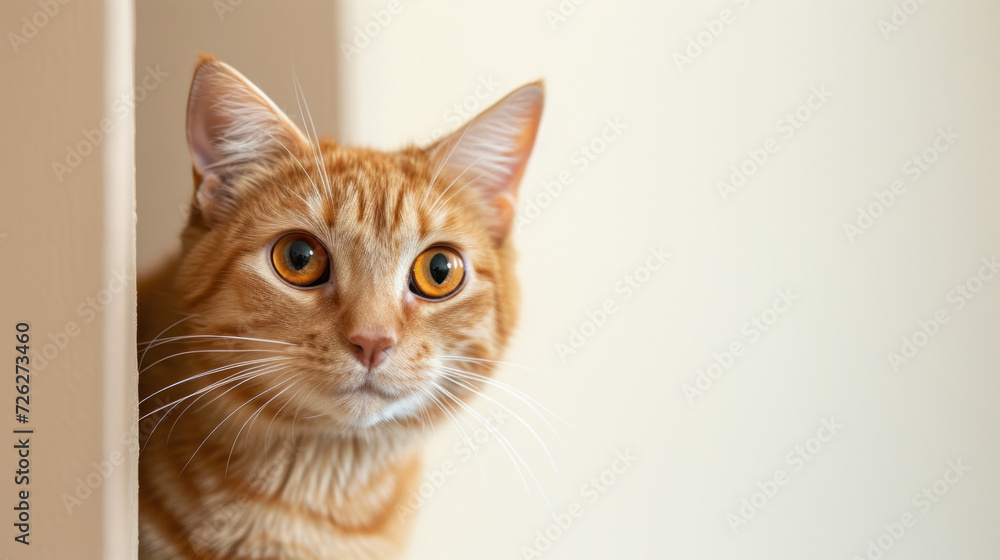 Cute orange cat curious, and looking out, on plain background Cute orange cat curious, and looking out, on plain background