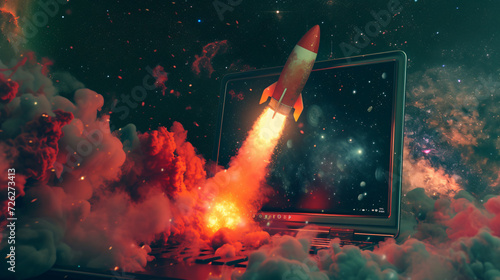Illustration of a Rocket Launching on a laptop screen.