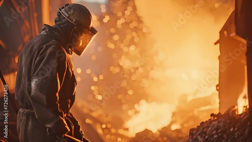 Clad in protective gear, a blast furnace worker strains against the intense heat as he shovels raw materials into the blazing furnace. photo