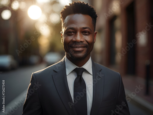 Happy handsome smiling professional business black man, happy confident positive male entrepreneur standing outdoor on street, looking at camera.