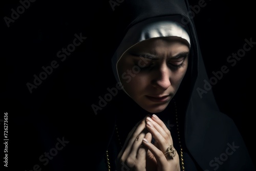 Mysterious nun portrait on dark background. Spiritual enigmatic praying sacred sister. Generate ai photo