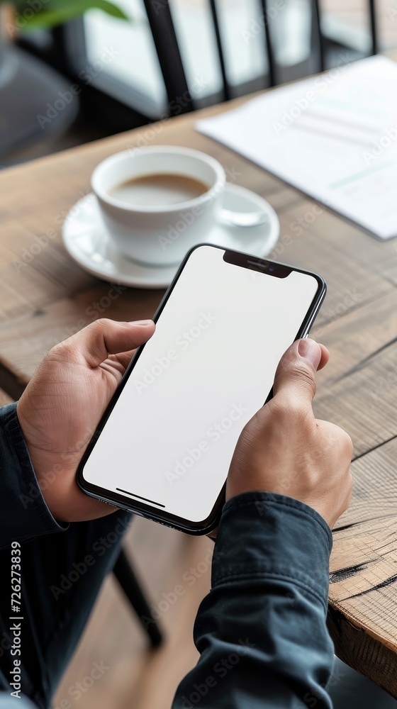 A man watching a phone with a blank white screen in coffee shop, suitable for adding custom phone app or website design. Technology, communication, mobile, social media posts and reels. A man watching a phone with a blank white screen in coffee shop, suitable for adding custom phone app or website design. Technology, communication, mobile, social media posts and reels.