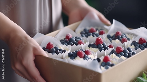 Closeup view of hands of female confectioner or baker packing fresh decorated muffins with cream top to delivery craft box. Ready cupcakes with berries in package.